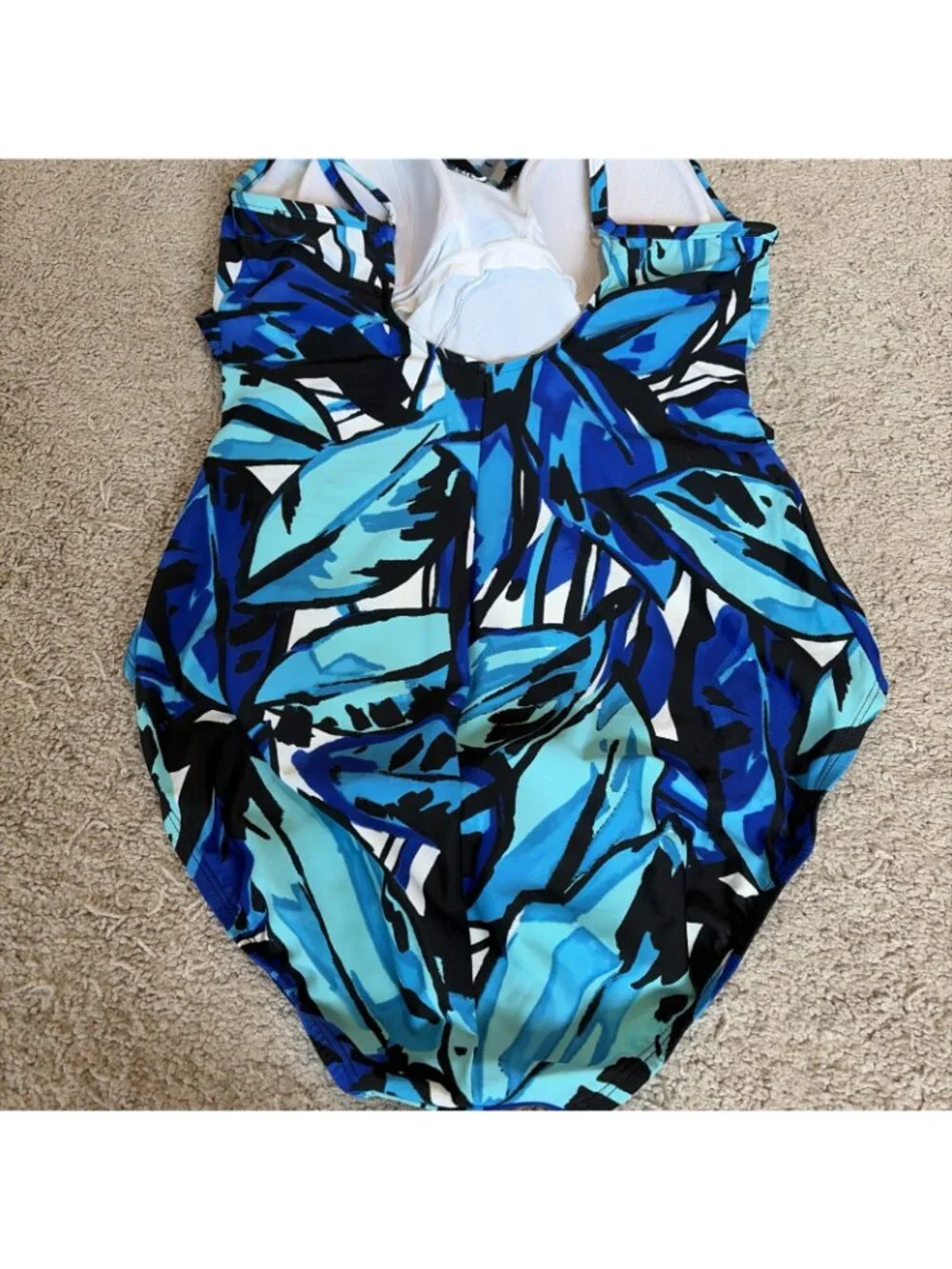 Aqua Green Faux Wrap One Piece Swimsuit Women's L Blue Leaf Print Resort Beach